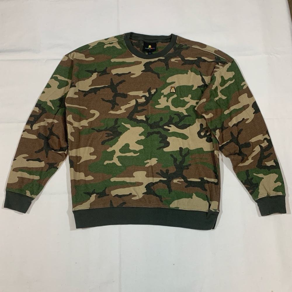 Teddy Fresh Mens M Thermal Shirt Camo Waffle Knit Logo L/S Crewneck Tee Outdoor